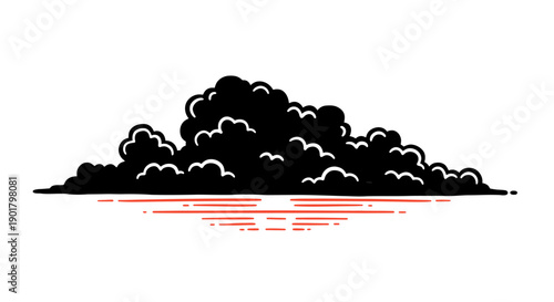 A dramatic graphic illustration depicts a voluminous black storm cloud hovering ominously over a subtly reflective surface with red accents.