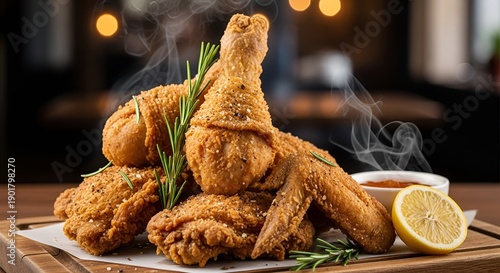 A steaming hot plate of fried chicken with rosemary and lemon on a wooden table in a restaurant setting from a straight-on view