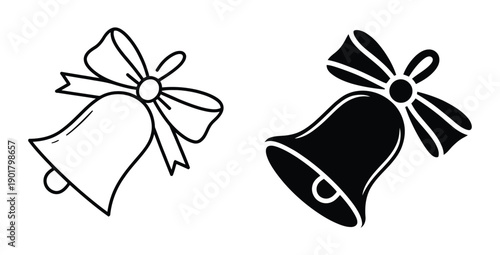 Jingle bell with decorative ribbon bow icon in black silhouette for Christmas ceremony, music, and holiday announcement graphic. Two elegant bells with bows in black and white illustration. 