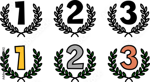 ランキングのかわいい月桂樹の装飾のフレームのセット。金、銀、銅。（Set of decorative ranking laurel frames. Gold, silver, bronze.）
