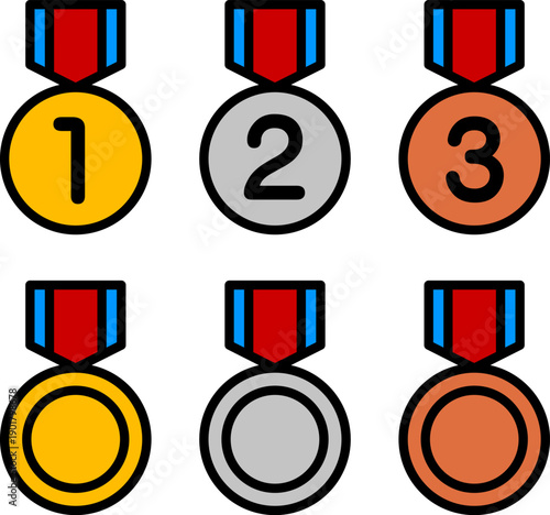 ランキングのメダルのアイコンセット。金、銀、銅。（Medals golden silver bronze ranking award 1st, 2rd, 3rd place）
