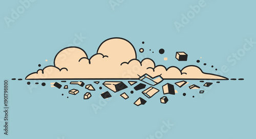 Stylized digital illustration of a cloud-like form disintegrating into geometric shards, representing concepts of data fragmentation, breakdown, or digital collapse.