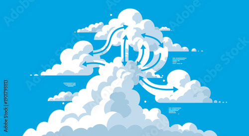 An intricate illustration of cloud computing infrastructure, showcasing data flow and network connections within a digital ecosystem against a clear blue sky.