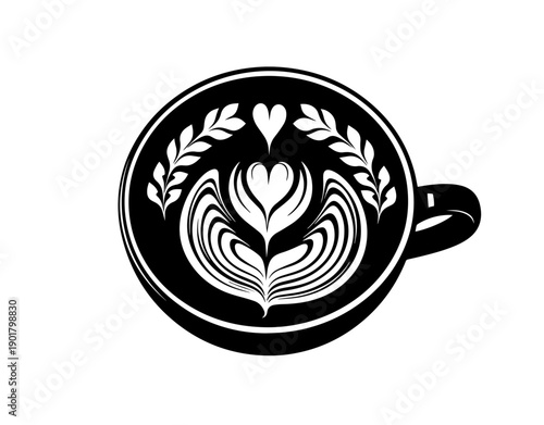 A striking black and white vector illustration of a coffee cup viewed from above, displaying an elaborate symmetrical latte art pattern of stacked hearts, rhythmic curved wings, and twin leaf accents