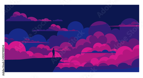 A solitary figure stands atop a dramatic cliff, gazing at an expansive twilight sky painted with vibrant pink and deep blue clouds, evoking introspection and wonder.