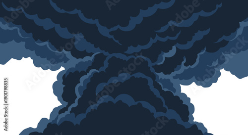 A dramatic illustration of swirling, ominous dark clouds against a stark white background, conveying a sense of impending storm, pollution, or environmental impact.