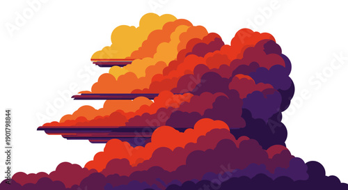 A vibrant illustration of abstract cumulonimbus clouds displaying a dramatic sunset color palette, transitioning from fiery orange to deep purple hues.