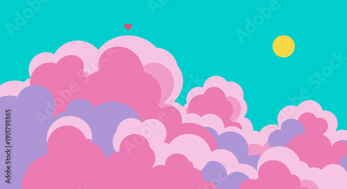 A whimsical cartoon landscape features fluffy pink and purple clouds under a bright yellow sun in a vibrant turquoise sky, creating a dreamy, fantastical scene.