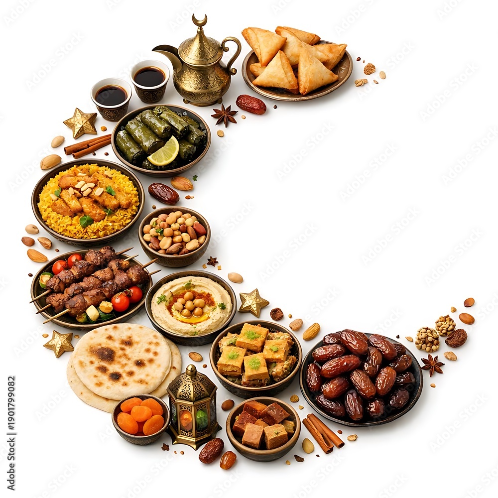 Obraz premium Ramadan Iftar Spread A Crescent Moon of Delicious Foods and Dates Symbolizing Celebration and Tradition
