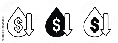 Financial savings concept with money symbols and arrow. Oil price fall glyph icon crisis and fuel Vector Image. 