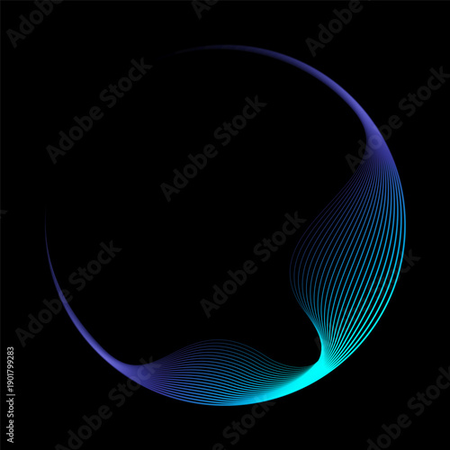 Abstract vector round shape of wavy lines flowing smooth curve blue green light gradient on black background in concept of technology, science, music, modern.