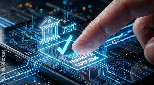 Successful Mobile Bank Transfer with Futuristic Fintech Interface and Digital Transaction Confirmation