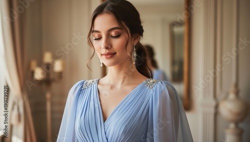 Elegance in Gown: A poised young woman wearing a stunning blue gown, emanates grace in a softly lit, luxurious setting.