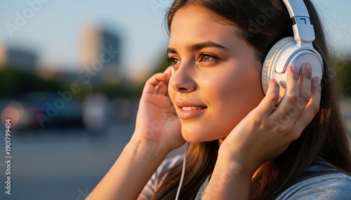 Solitude in Sound: A young woman, enraptured by the music emanating from her headphones, finds serenity and escape in her own personal soundscape.
