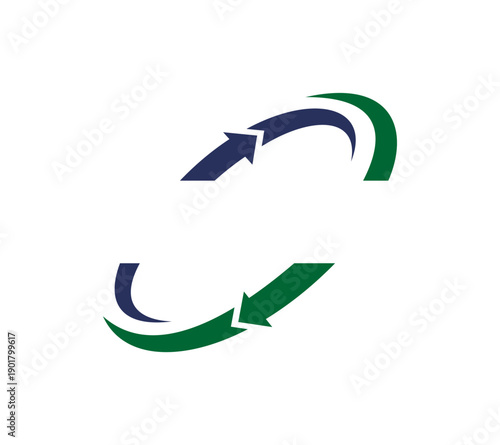 Abstract graphic of two curved arrows, one blue and one green, moving in a cyclical or continuous flow, symbolizing progress and connection.