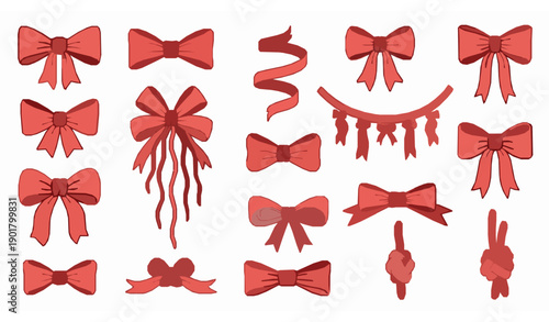 Christmas red ribbon bow hand drawn vector set with retro cartoon bowknots and gift decorations
