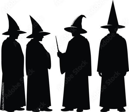 Black Silhouettes of a Group of Wizards and Warlocks Wearing Pointy Hats and Long Robes Holding a Magic Wand Isolated on White Background