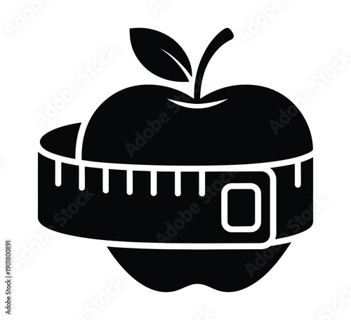 Apple and measuring tape icon. eat healthy fruit vegetable to weight loss and being slim fit by measuring tape scale meter sign. apple diet calorie ruler tape symbol vector See Less. 