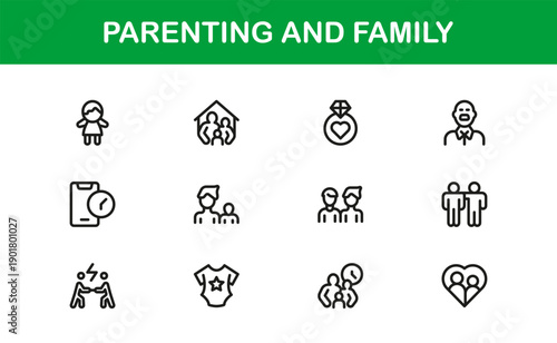 Parenting Family Line Icon Set – Modern Minimal Vector Icons for Nurturing Love and Care