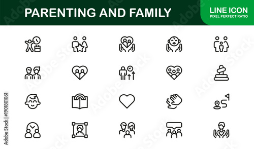 Parenting Family Line Icon Set – Modern Minimal Vector Icons for Nurturing Love and Care