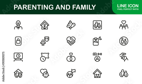 Parenting Family Line Icon Set – Modern Minimal Vector Icons for Nurturing Love and Care