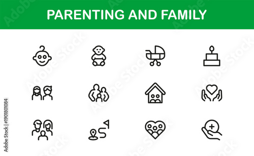 Parenting Family Line Icon Set – Modern Minimal Vector Icons for Nurturing Love and Care