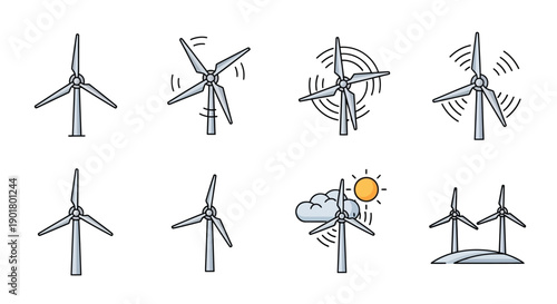 Illustration depicting various graphical representations of wind turbines on white background