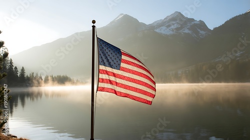 american flag on the lake
