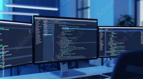 Wallpaper Mural Software Development Insights, Office Workspace, Digital Screens, Modern Environment, High-Tech Viewpoint Torontodigital.ca