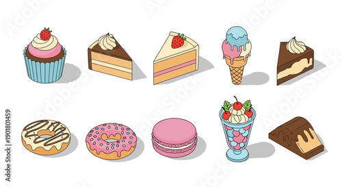 Illustration of various delicious desserts including cakes, donuts, ice cream, and macarons