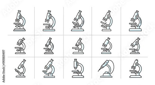 Illustration of various microscope designs for scientific research and educational purposes