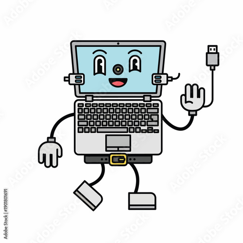 Cartoon Laptop Character with USB Cable