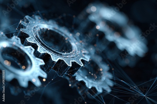 Abstract Technology Background with Gears and Digital Network in Blue Tones for Innovation, Engineering and Automation Concepts