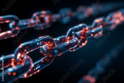 Digital representation of a blockchain technology highlighting the secure connection of data in a futuristic cyber environment