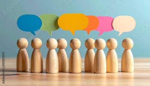 Wooden figurines in a semi-circle with colorful speech bubbles above, one red figure stands out as leader or speaker.