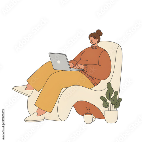 Young woman sitting on minimalist chair working on laptop, casual sweater and sneakers, focused expression, modern remote office lifestyle
