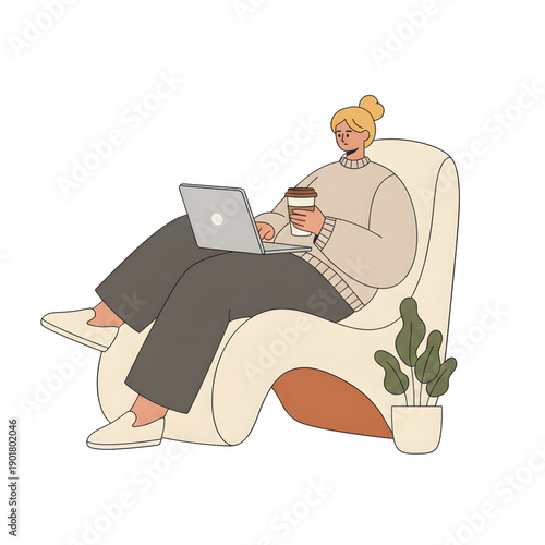 Blonde professional woman seated holding takeaway coffee cup, laptop beside her, relaxed office break moment