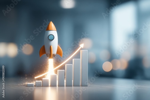Business Growth Concept with Chart and Rocket Icon Illustrating Startup Success and Innovation in Modern Workplace Environment