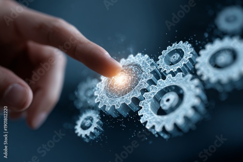 Innovative Open Banking Concept with Hand Touching Digital Gears on Blue Background for Technology and Finance Themes