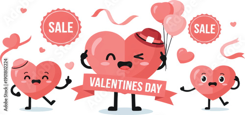 Valentine's Day Sale Hearts Celebration: An adorable composition of cartoon hearts, balloons, and sale stickers, celebrating Valentine's Day. The hearts display various expressions.