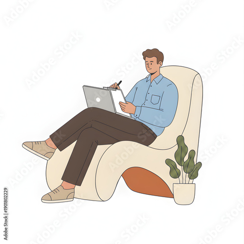 Corporate employee writing on clipboard while seated, laptop resting nearby