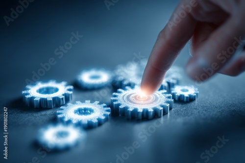 Innovative Open Banking Concept with Hand Touching Digital Gears on Blue Background for Technology and Finance Themes