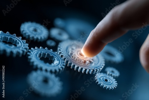 Innovative Open Banking Concept with Hand Touching Digital Gears on Blue Background for Technology and Finance Themes