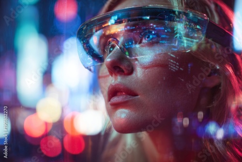 Futuristic female wearing augmented reality glasses in a neon-lit urban environment with digital interface elements and vibrant bokeh background