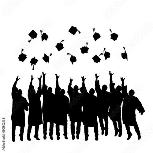 Celebratory Graduation Silhouettes Raising Arms, Caps Flying, Front View Illustration