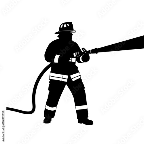 Firefighter Silhouette in Action Holding Hose Spraying Water – Front View Illustration