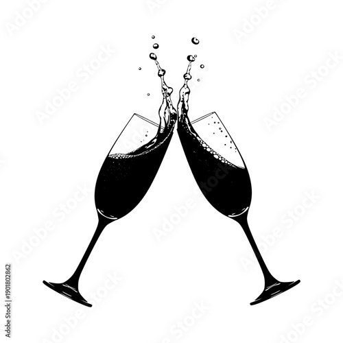 Two Champagne Flutes Clinking in Minimalist Black-White Illustration