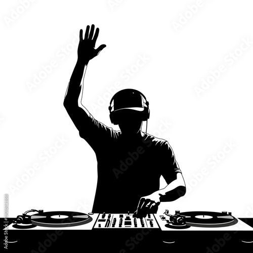 Dynamic DJ with headphones, hat and mixer performing at club - right-side illustration
