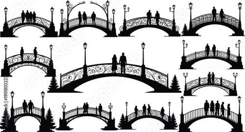 Set of black silhouette icons featuring arched bridges with people, ornate railings, street lamps, and park trees for urban design.