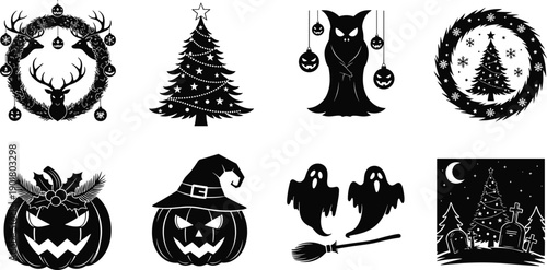 Set of black silhouette icons for Christmas and Halloween featuring pumpkins, ghosts, wreaths, reindeer, witch hats, and decorated evergreen trees.